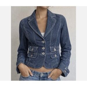Ann Taylor LOFT Womens Size 8  Pinstripe Denim Blazer Jacket Y2K Style Career